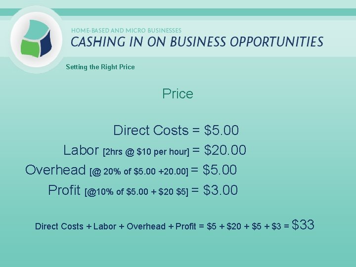 Setting the Right Price Direct Costs = $5. 00 Labor [2 hrs @ $10