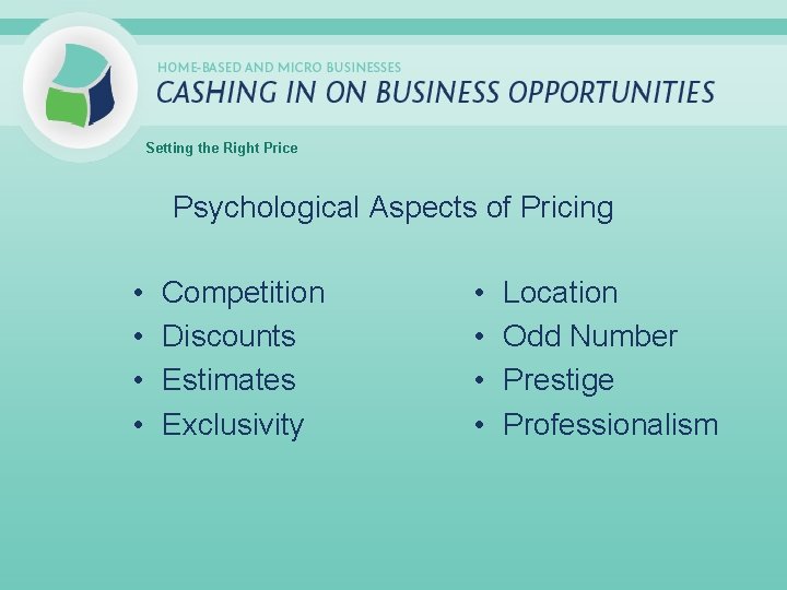 Setting the Right Price Psychological Aspects of Pricing • • Competition Discounts Estimates Exclusivity