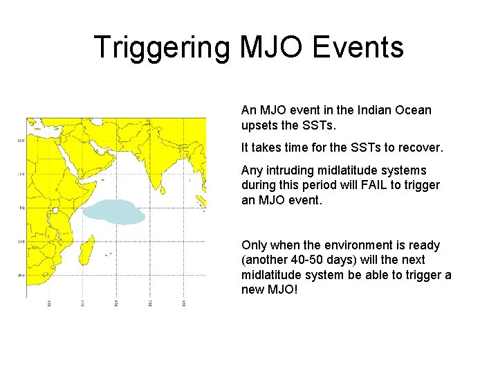 Triggering MJO Events An MJO event in the Indian Ocean upsets the SSTs. It