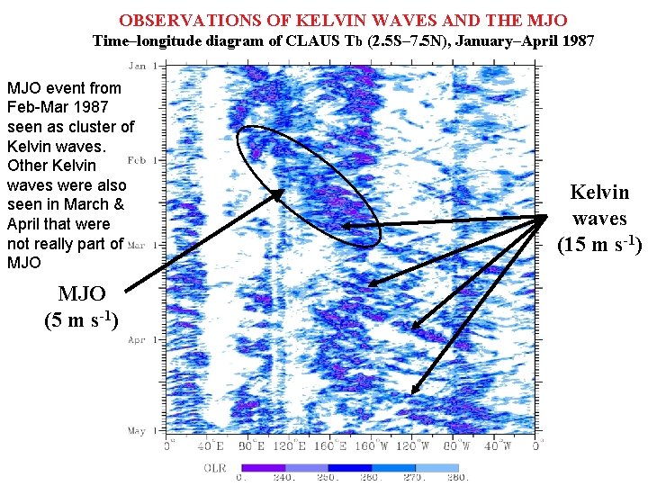 OBSERVATIONS OF KELVIN WAVES AND THE MJO Time–longitude diagram of CLAUS Tb (2. 5
