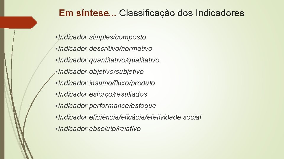 Em síntese. . . Classificação dos Indicadores • Indicador simples/composto • Indicador descritivo/normativo • Em síntese. . . Classificação dos Indicadores • Indicador simples/composto • Indicador descritivo/normativo •