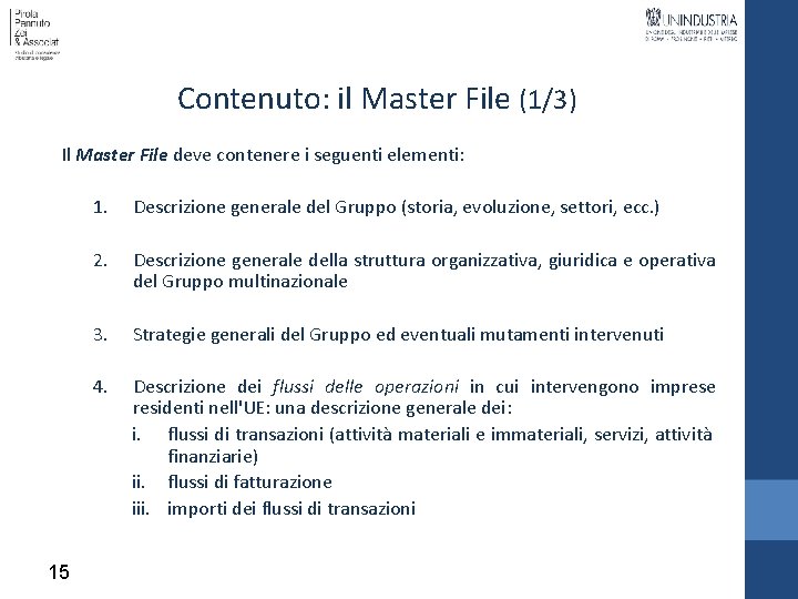 Contenuto: il Master File (1/3) Il Master File deve contenere i seguenti elementi: 15