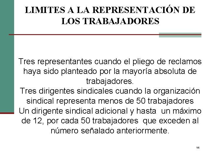 LIMITES A LA REPRESENTACIÓN DE LOS TRABAJADORES Tres representantes cuando el pliego de reclamos