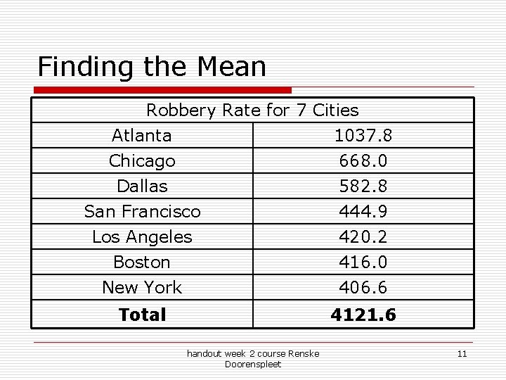 Finding the Mean Robbery Rate for 7 Cities Atlanta 1037. 8 Chicago 668. 0