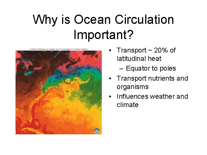 Why is Ocean Circulation Important? • Transport ~ 20% of latitudinal heat – Equator