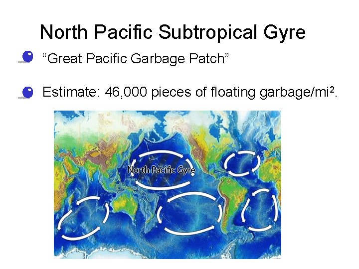 North Pacific Subtropical Gyre • “Great Pacific Garbage Patch” • Estimate: 46, 000 pieces