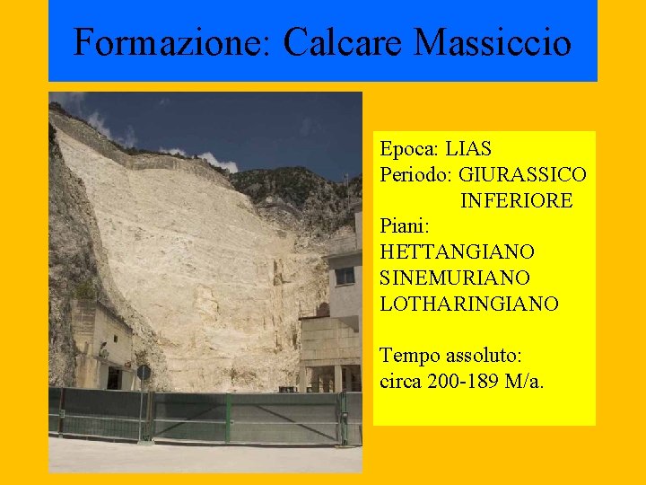 Formazione: Calcare Massiccio Epoca: LIAS Periodo: GIURASSICO INFERIORE Piani: HETTANGIANO SINEMURIANO LOTHARINGIANO Tempo assoluto:
