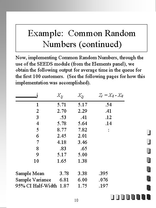 Example: Common Random Numbers (continued) Now, implementing Common Random Numbers, through the use of