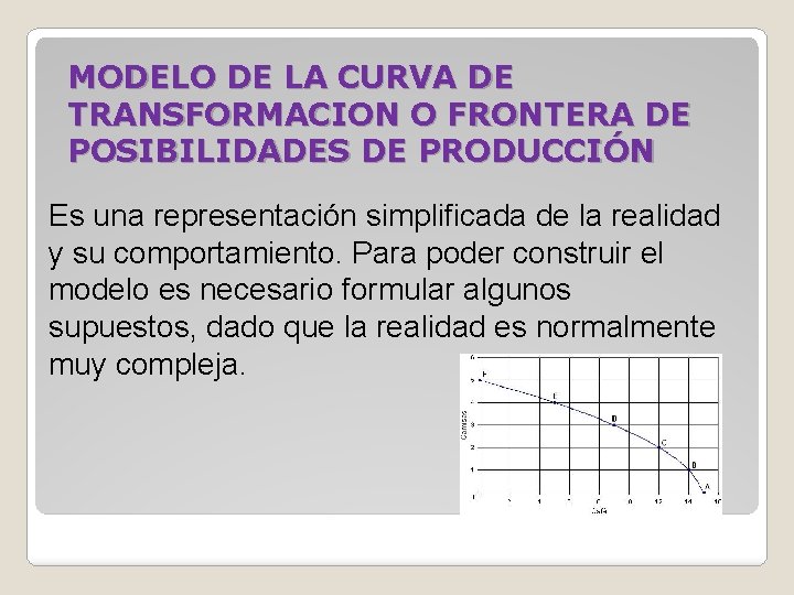 MODELO DE LA CURVA DE TRANSFORMACION O FRONTERA DE POSIBILIDADES DE PRODUCCIÓN Es una