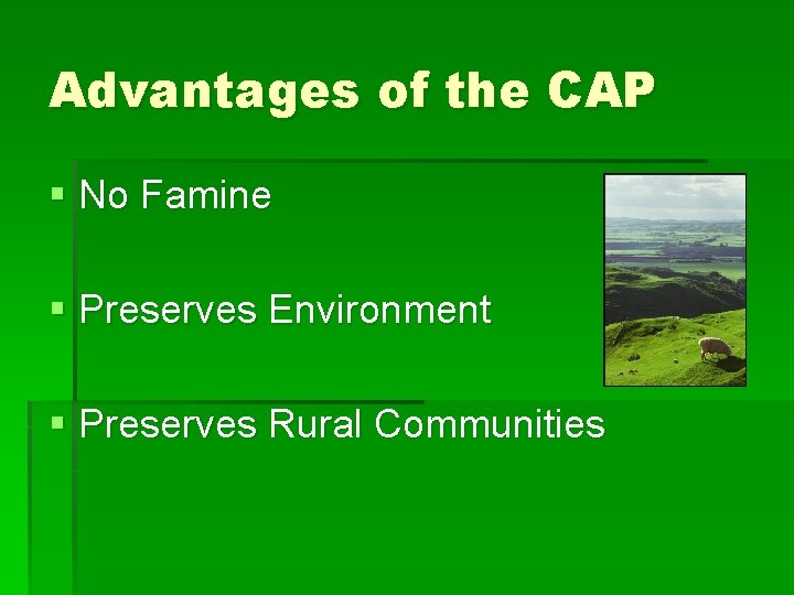 Advantages of the CAP § No Famine § Preserves Environment § Preserves Rural Communities