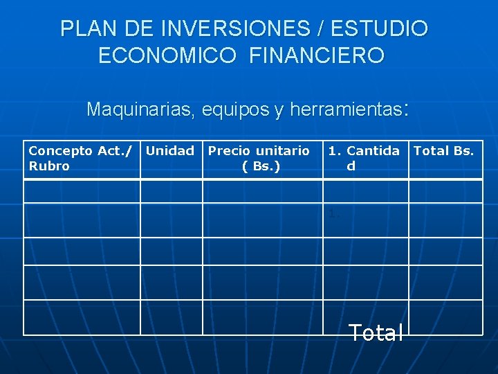 PLAN DE INVERSIONES / ESTUDIO ECONOMICO FINANCIERO Maquinarias, equipos y herramientas: Concepto Act. /