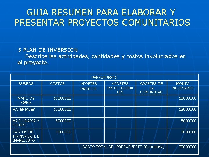 GUIA RESUMEN PARA ELABORAR Y PRESENTAR PROYECTOS COMUNITARIOS 5 PLAN DE INVERSION Describe las