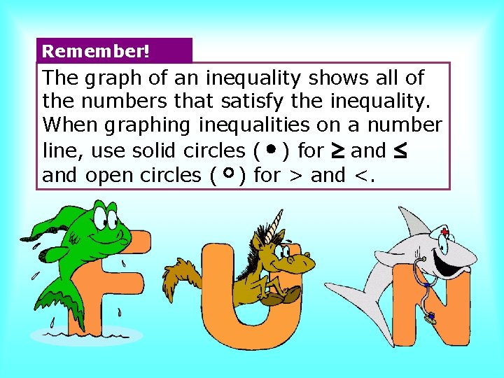Remember! The graph of an inequality shows all of the numbers that satisfy the