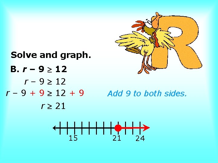 Solve and graph. B. r – 9 12 r – 9 + 9 12