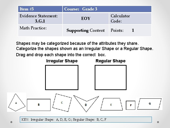 Item #3 Evidence Statement: 3. G. 1 Math Practice: Course: Grade 3 EOY Supporting