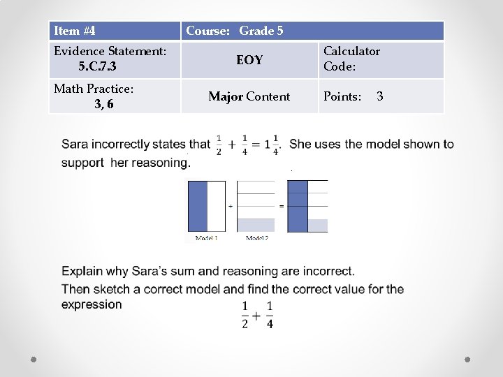 Item #4 Evidence Statement: 5. C. 7. 3 Math Practice: 3, 6 Course: Grade