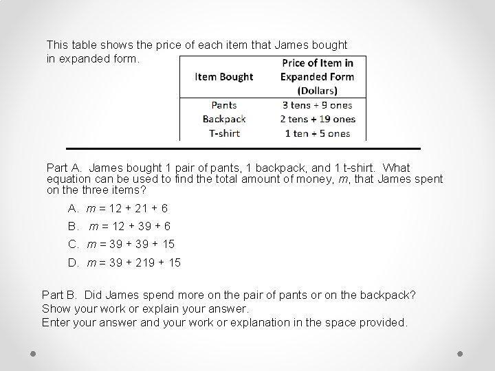 This table shows the price of each item that James bought in expanded form.