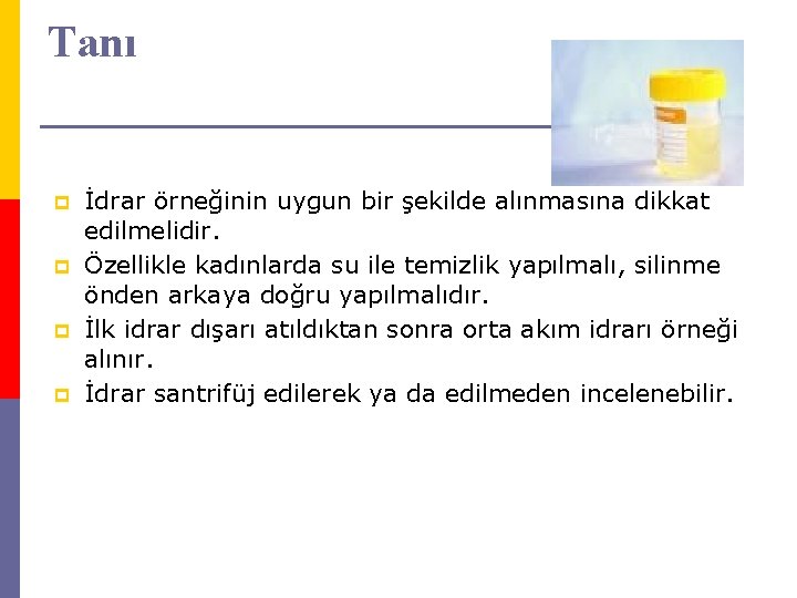 Tanı p p İdrar örneğinin uygun bir şekilde alınmasına dikkat edilmelidir. Özellikle kadınlarda su