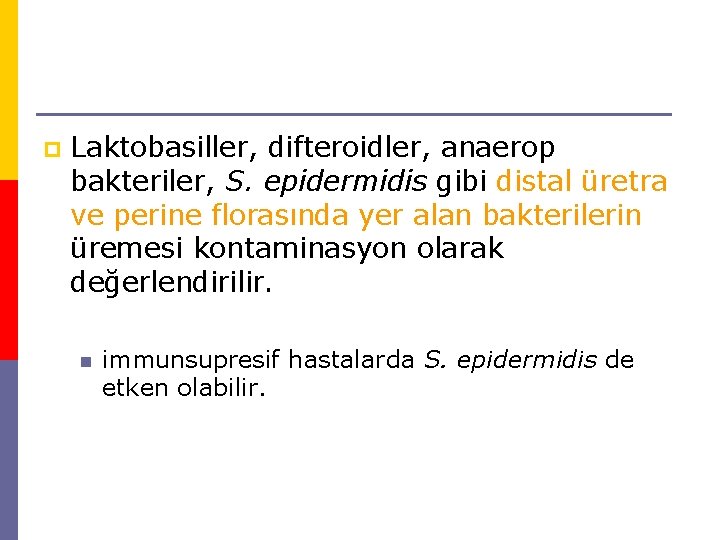 p Laktobasiller, difteroidler, anaerop bakteriler, S. epidermidis gibi distal üretra ve perine florasında yer