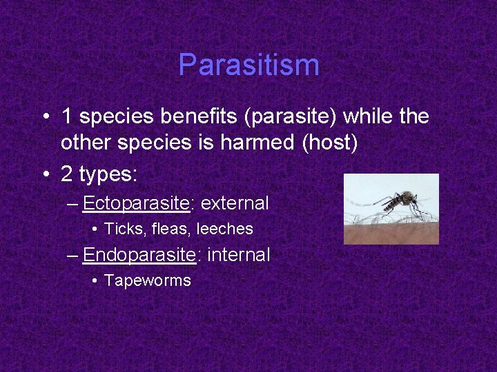 Parasitism • 1 species benefits (parasite) while the other species is harmed (host) •