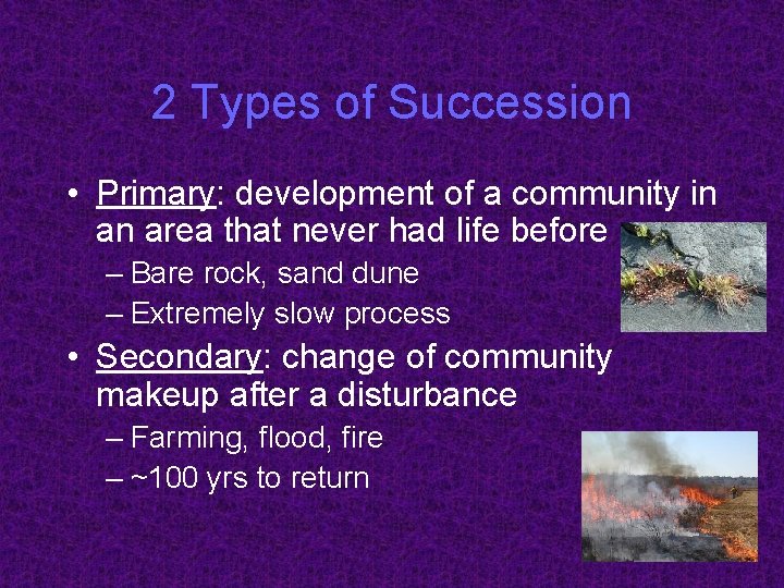 2 Types of Succession • Primary: development of a community in an area that