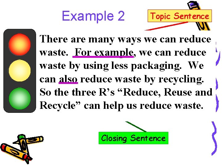 Example 2 Topic Sentence There are many ways we can reduce waste. For example,