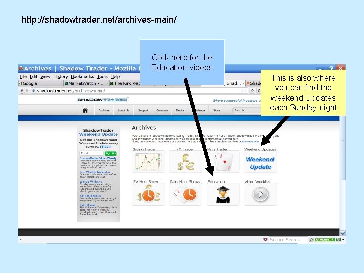http: //shadowtrader. net/archives-main/ Click here for the Education videos This is also where you http: //shadowtrader. net/archives-main/ Click here for the Education videos This is also where you