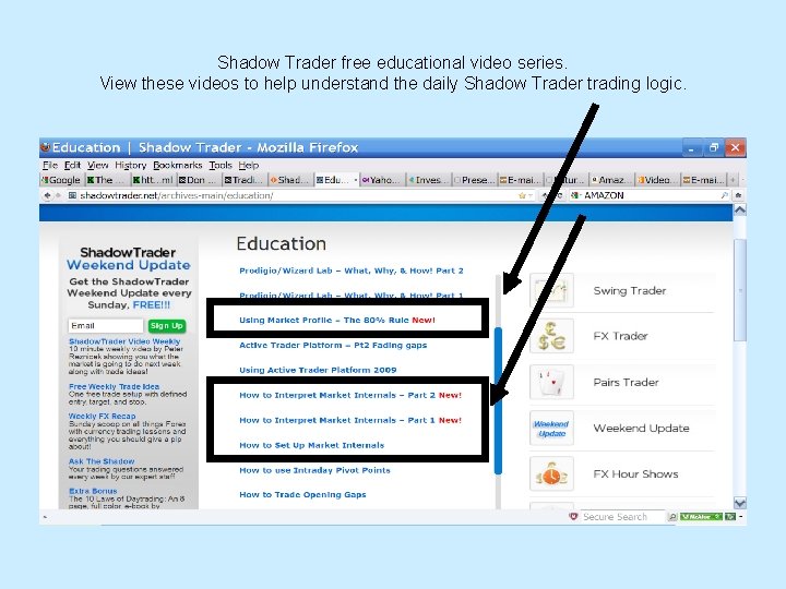 Shadow Trader free educational video series. View these videos to help understand the daily Shadow Trader free educational video series. View these videos to help understand the daily