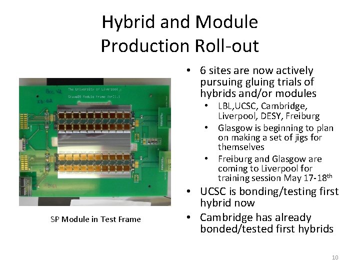 Hybrid and Module Production Roll-out • 6 sites are now actively pursuing gluing trials Hybrid and Module Production Roll-out • 6 sites are now actively pursuing gluing trials