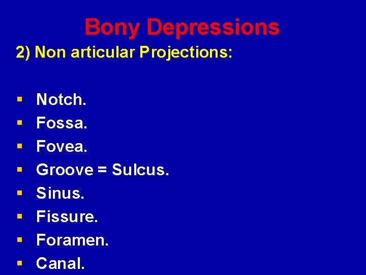 Bony Depressions 2) Non articular Projections: § § § § Notch. Fossa. Fovea. Groove