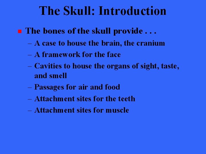 The Skull: Introduction n The bones of the skull provide. . . – A