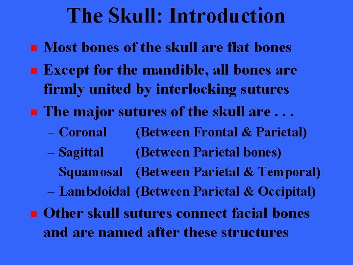 The Skull: Introduction n Most bones of the skull are flat bones Except for