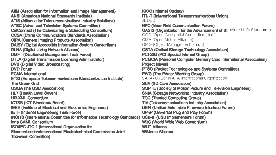 JEDEC ructured Info Standards) OGC (Open Geospatial Consortium, Inc. ) OMA (Open Mobile Alliance)