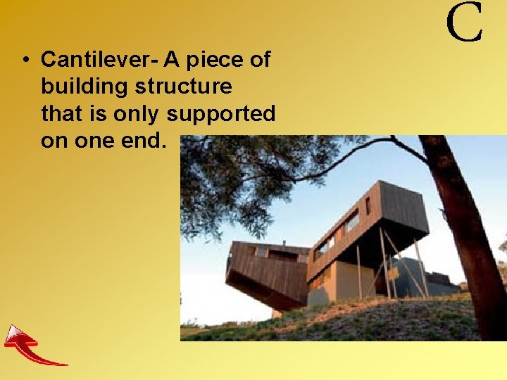  • Cantilever- A piece of building structure that is only supported on one