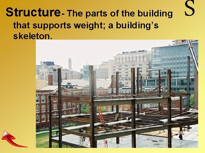 Structure- The parts of the building that supports weight; a building’s skeleton. S 
