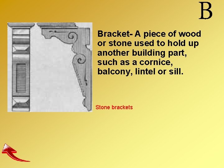 B Bracket- A piece of wood or stone used to hold up another building