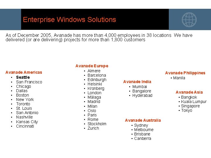 Enterprise Windows Solutions As of December 2005, Avanade has more than 4, 000 employees