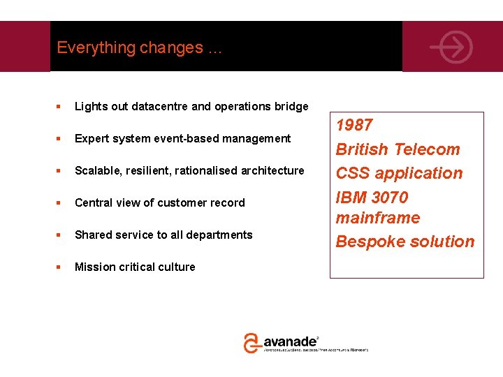 Everything changes … § Lights out datacentre and operations bridge § Expert system event-based