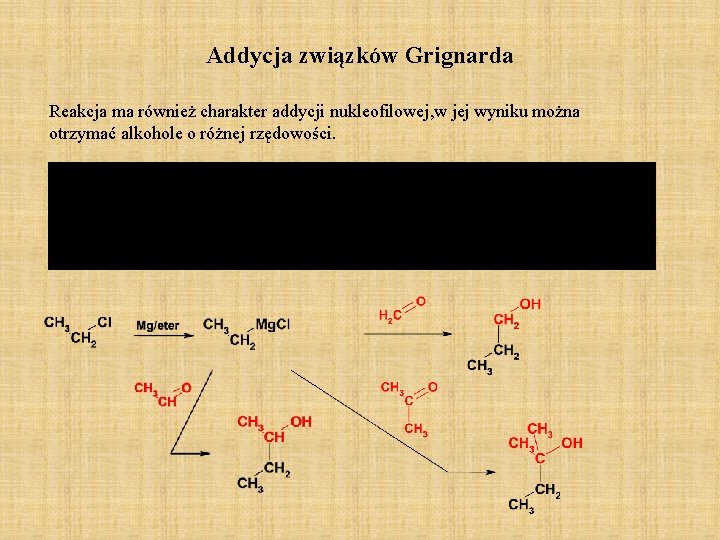 Addycja związków Grignarda Reakcja ma również charakter addycji nukleofilowej, w jej wyniku można otrzymać Addycja związków Grignarda Reakcja ma również charakter addycji nukleofilowej, w jej wyniku można otrzymać
