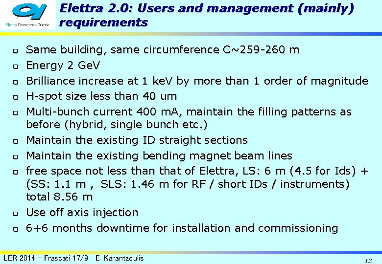 Elettra 2. 0: Users and management (mainly) requirements q q q q q Same