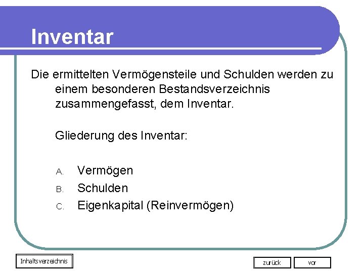 Inventar Die ermittelten Vermögensteile und Schulden werden zu einem besonderen Bestandsverzeichnis zusammengefasst, dem Inventar.