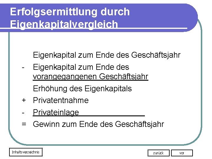 Erfolgsermittlung durch Eigenkapitalvergleich - Eigenkapital zum Ende des Geschäftsjahr Eigenkapital zum Ende des vorangegangenen