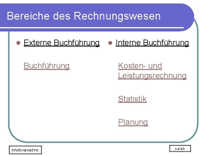 Bereiche des Rechnungswesen l Externe Buchführung l Interne Buchführung Kosten- und Leistungsrechnung Statistik Planung