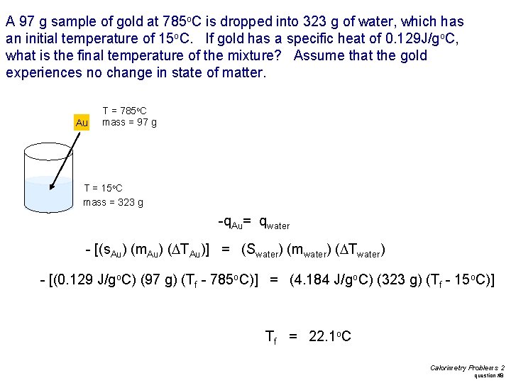 A 97 g sample of gold at 785 o. C is dropped into 323