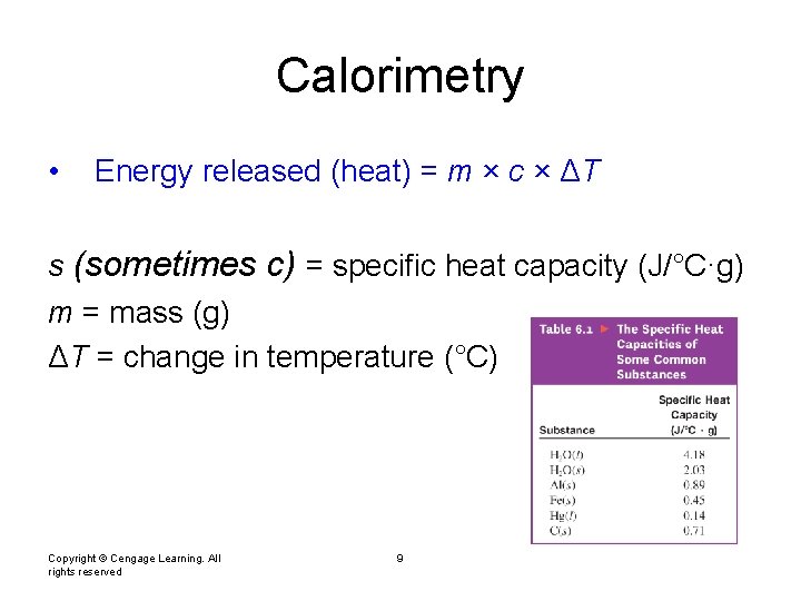 Calorimetry • Energy released (heat) = m × c × ΔT s (sometimes c)