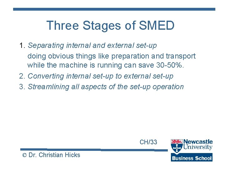 Three Stages of SMED 1. Separating internal and external set-up doing obvious things like