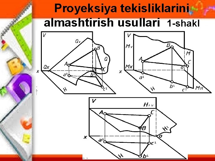 Proyeksiya tekisliklarini almashtirish usullari 1 -shakl Proyeksiya tekisliklarini almashtirish usullari 1 -shakl