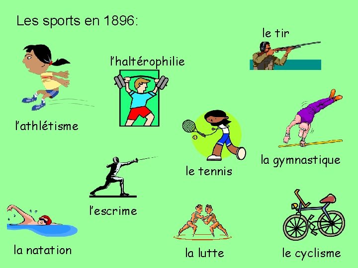 Les sports en 1896: le tir l’haltérophilie l’athlétisme le tennis la gymnastique l’escrime la