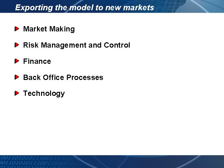 Exporting the model to new markets Market Making Risk Management and Control Finance Back