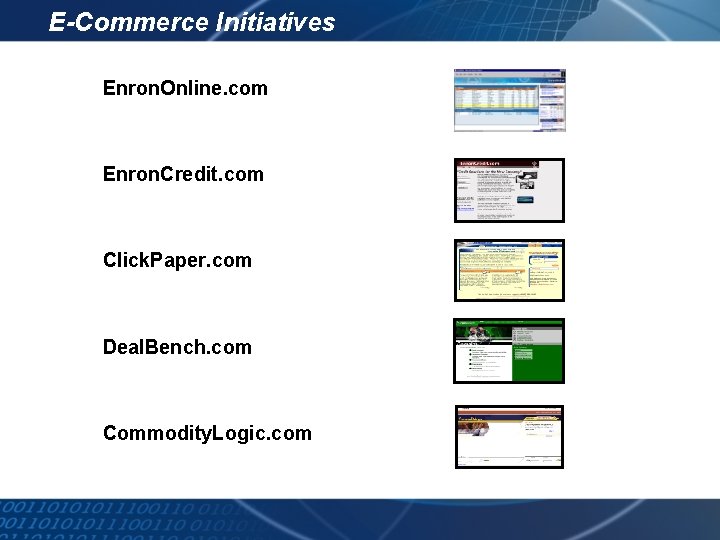 E-Commerce Initiatives Enron. Online. com Enron. Credit. com Click. Paper. com Deal. Bench. com
